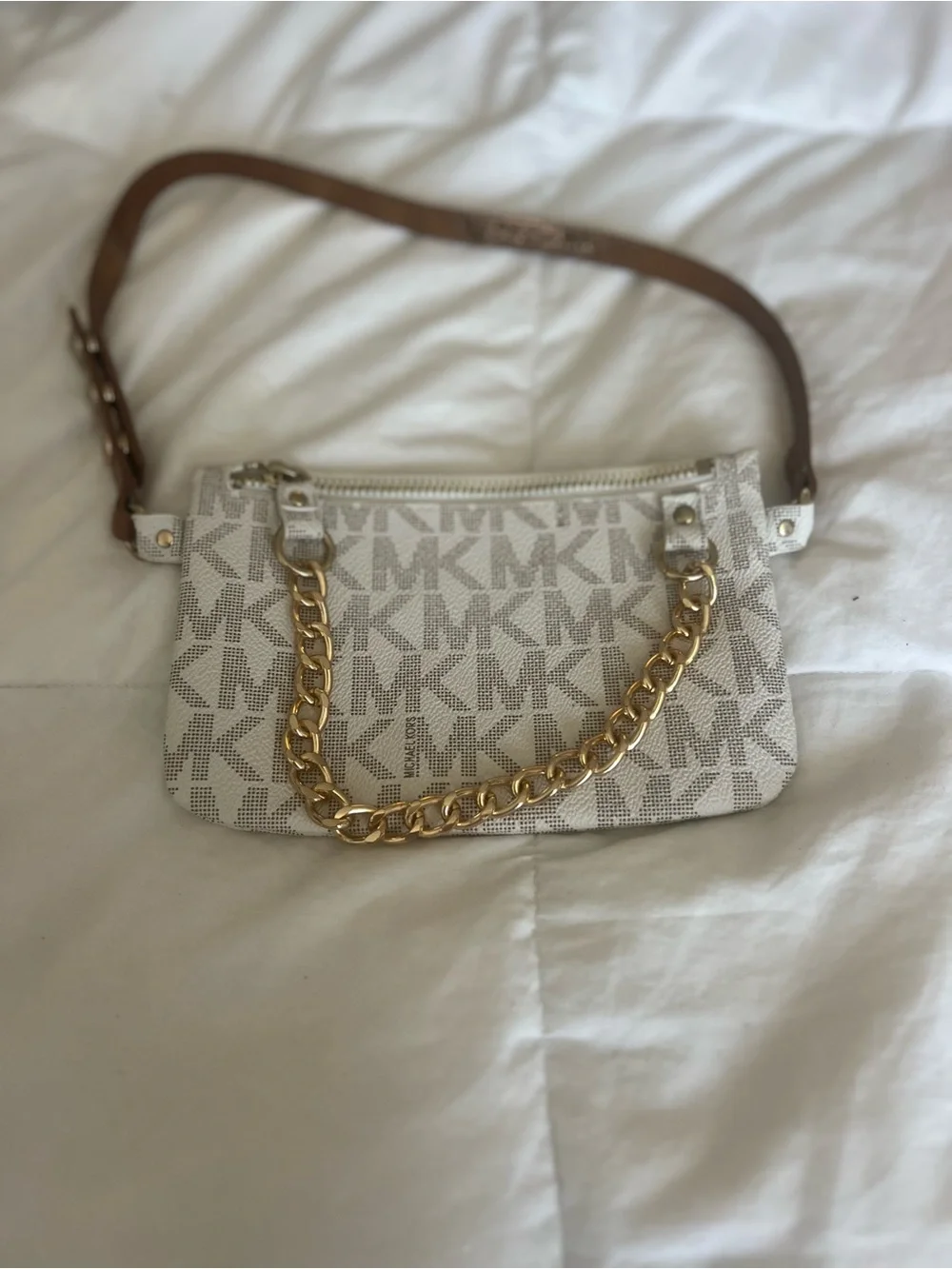 Michael Kors White Logo Fanny Pack with Gold Chain Strap